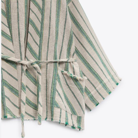 Zara Woman Cotton The Beth Rustic Kimono Jacket Striped Pockets Tie Belt Size S - Picture 4 of 16